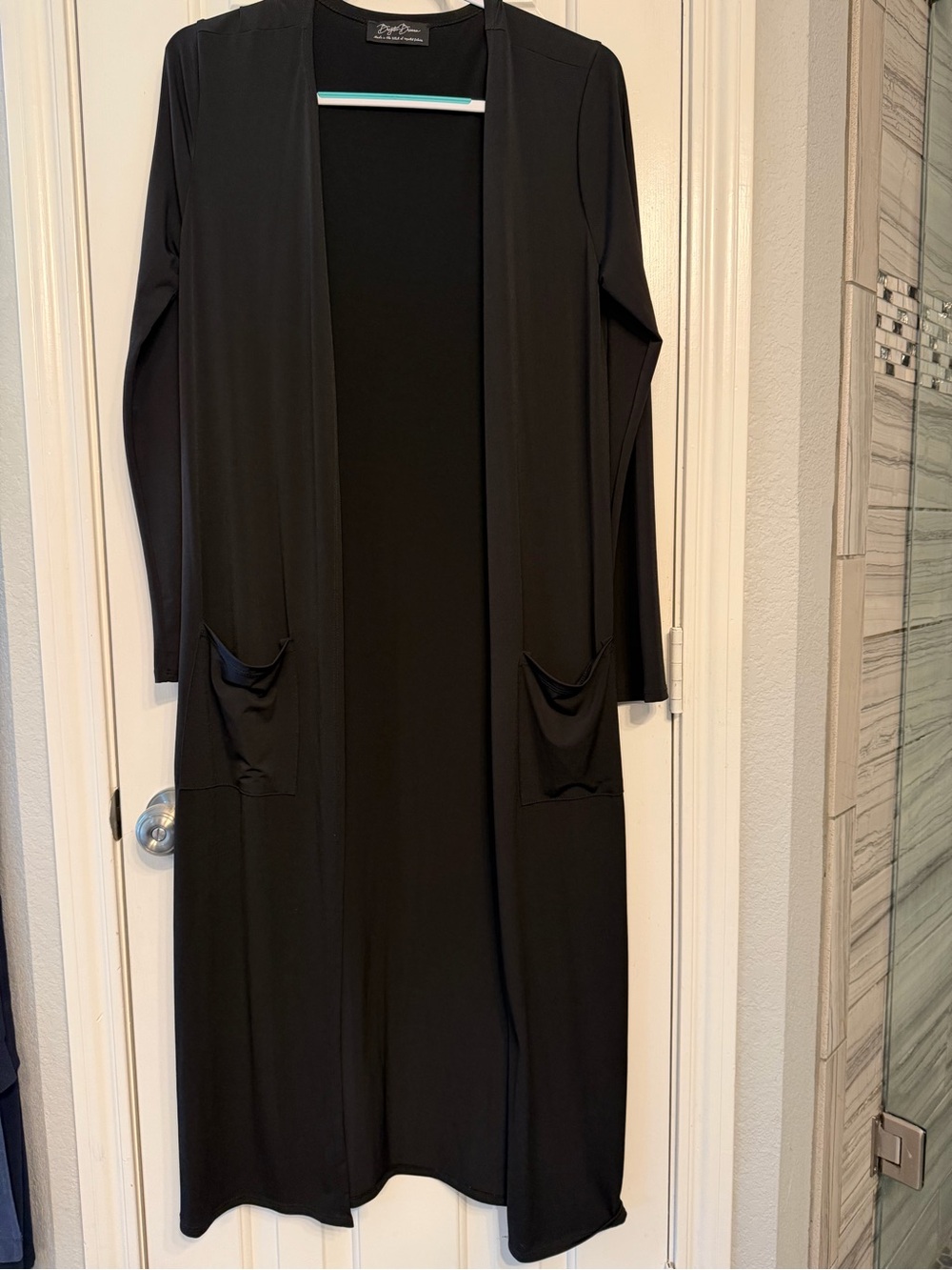 Long Open-Front Black Duster Cardigan with Pockets